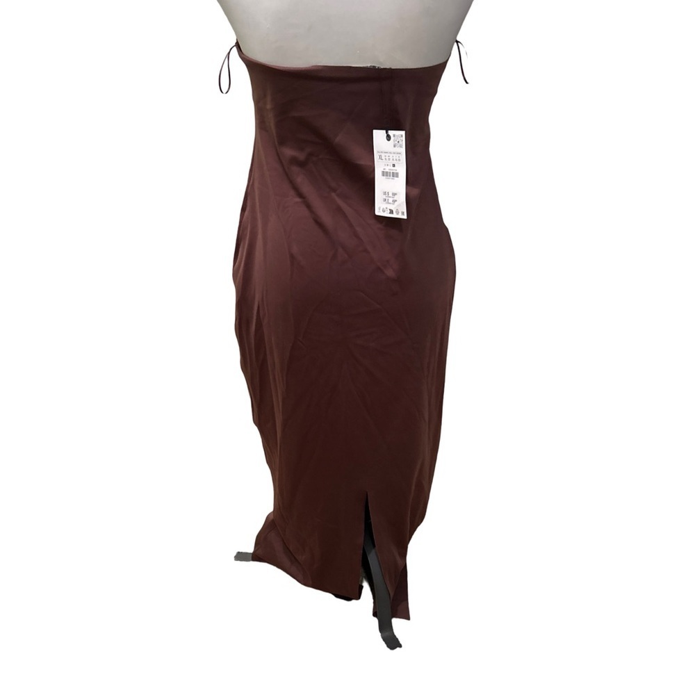 Zara Womens Satin Strapless Slip Dress SZ XL Brown Midi Maxi Gown Slit Tube Top - Picture 8 of 8